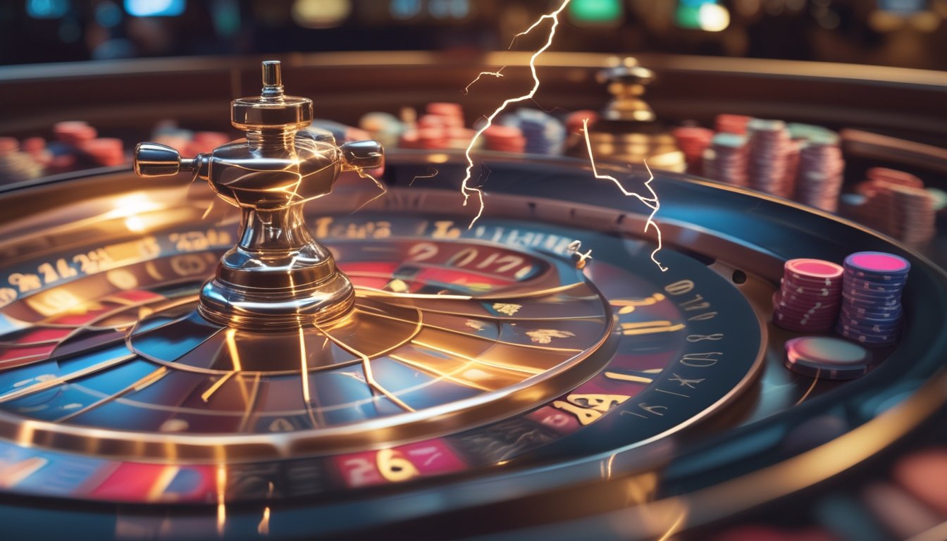 Meja roulette di kasino dengan roda roulette yang berputar dan efek petir yang menyinari angka-angka pada roda.