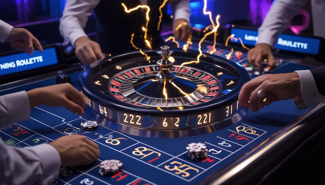 Meja roulette di kasino dengan roda roulette yang menampilkan simbol petir dan layar digital yang menunjukkan angka dengan efek kilat, serta tangan pemain yang sedang memasang taruhan.