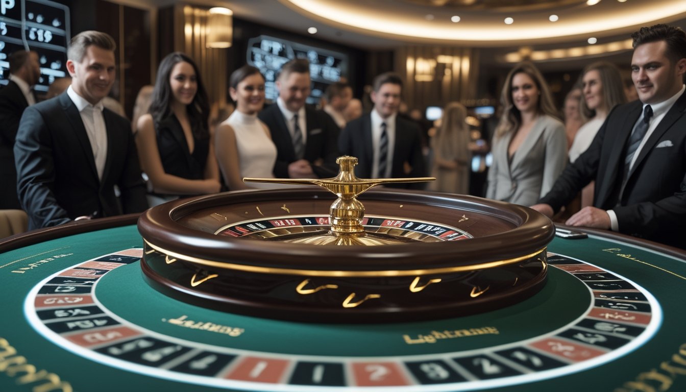 Meja permainan Lightning Roulette di kasino dengan pemain yang memperhatikan roda roulette dan layar digital di latar belakang.