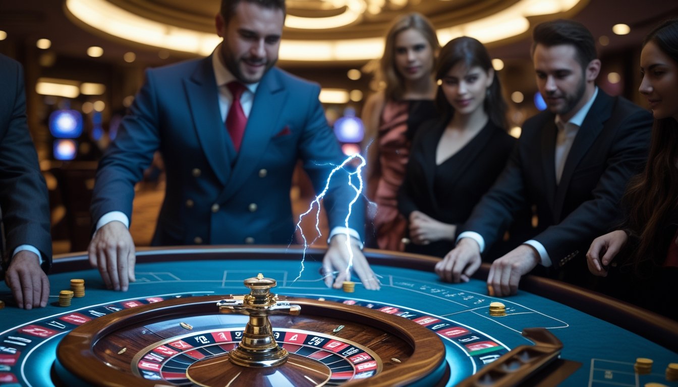 Seorang bandar dan beberapa pemain bermain Lightning Roulette di meja kasino dengan suasana yang sibuk dan penuh konsentrasi.