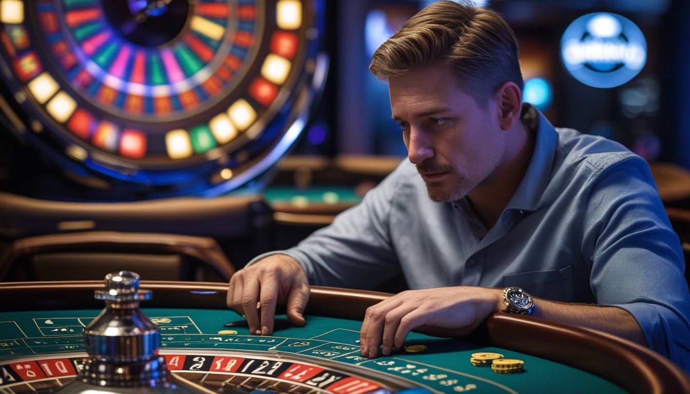 Seorang pria dewasa sedang bermain Lightning Roulette di meja kasino dengan roda roulette dan chip taruhan terlihat jelas.