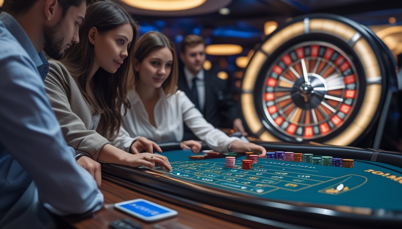Orang-orang sedang memperhatikan roda Lightning Roulette dan memasang taruhan di meja taruhan digital di kasino.