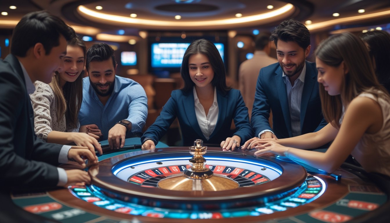 Meja roulette dengan efek petir, pemain yang sedang memasang taruhan di kasino modern.