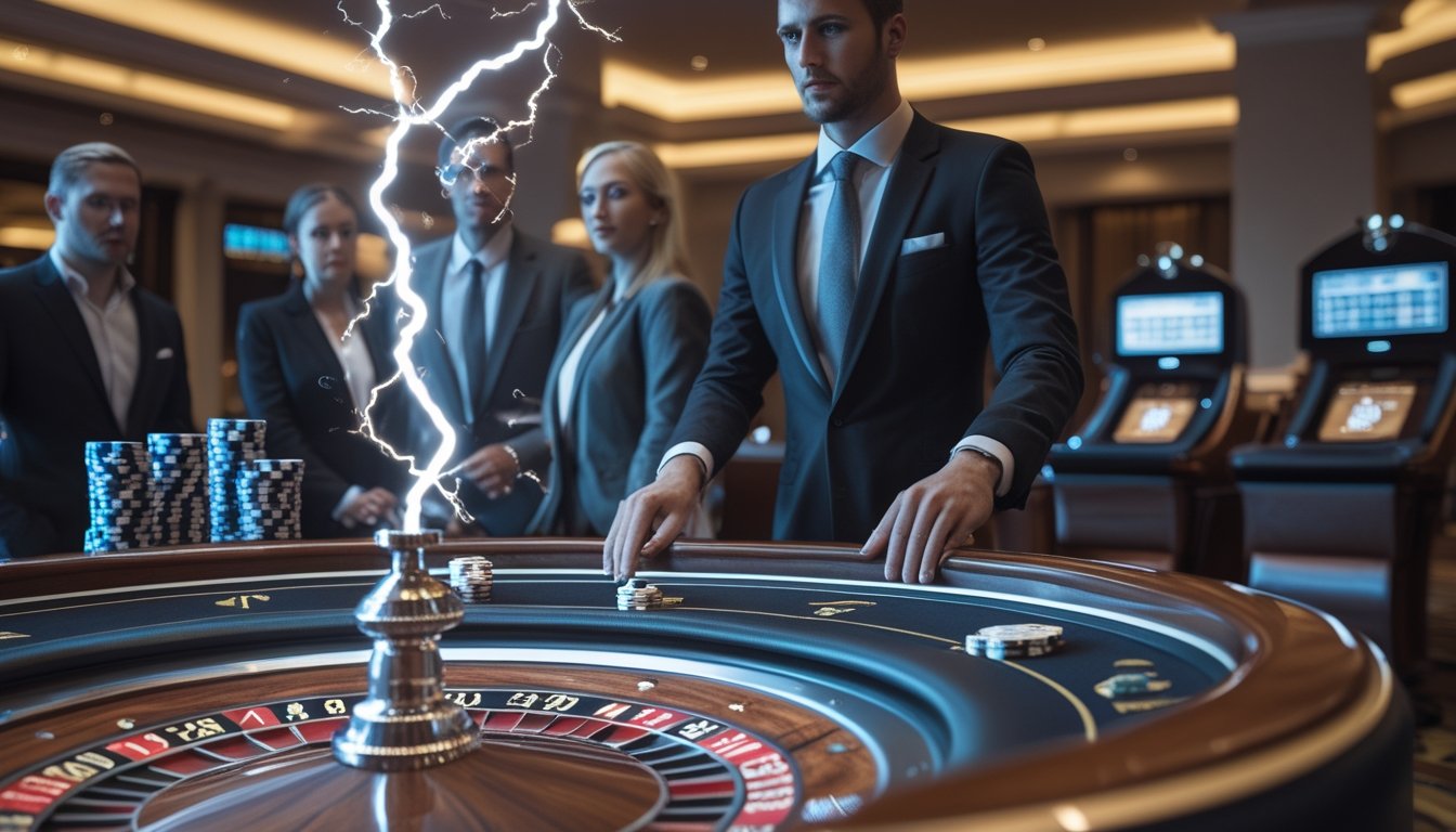 Seorang dealer di meja Lightning Roulette dengan pemain yang memperhatikan permainan di kasino yang elegan.