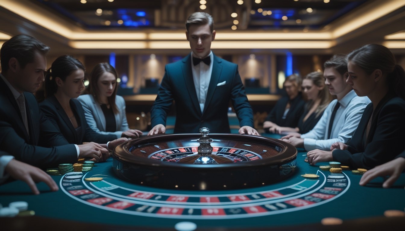 Seorang dealer berdiri di belakang meja roulette dengan pemain yang fokus memasang taruhan di kasino mewah.