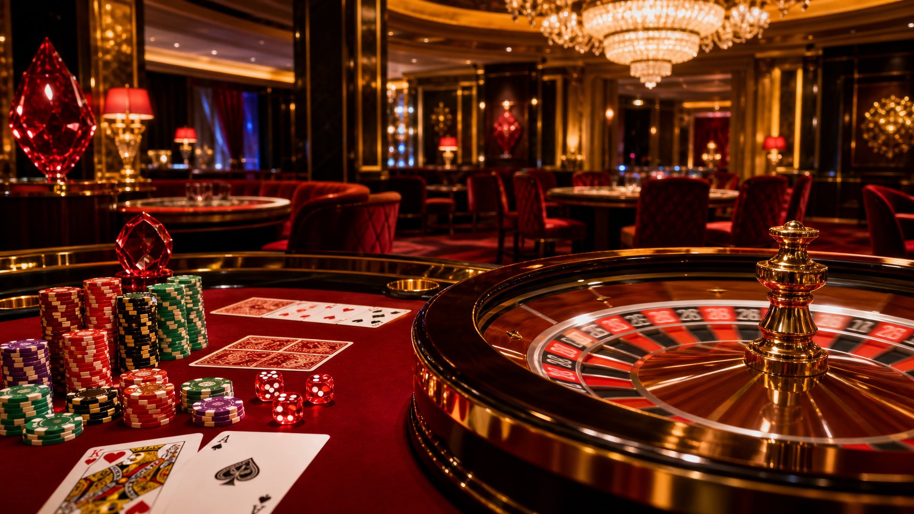 An Elegant Casino Interior With A Gaming Table, Poker Chips, Playing Cards, Dice, And A Spinning Roulette Wheel Surrounded By Plush Seating And Chandeliers.