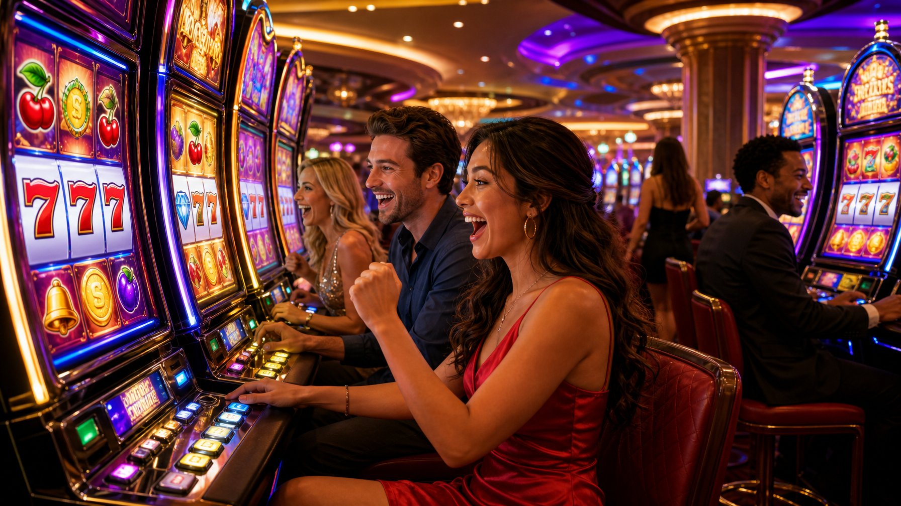 A Lively Casino Interior With People Playing Colorful Slot Machines Surrounded By Bright Lights And Casino Decor.