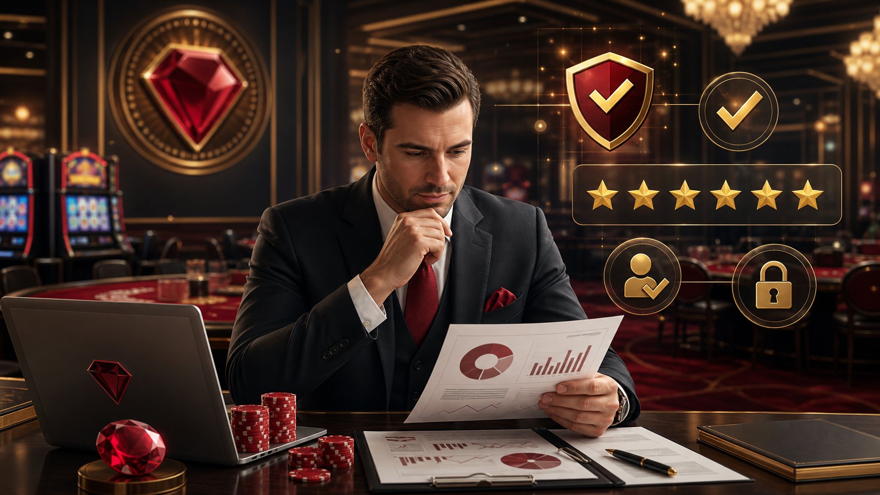 A Person Reviewing Documents And Trust Symbols In A Casino Setting With Ruby Red And Gold Accents.