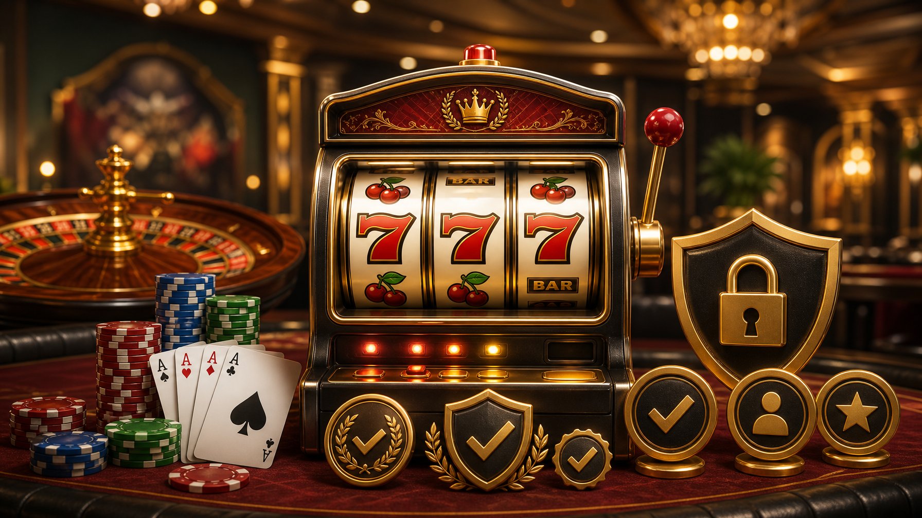 A Casino Scene Featuring A Slot Machine With Winning Symbols, Surrounded By Poker Chips, Playing Cards, A Roulette Wheel, And Icons Representing Trust And Security.