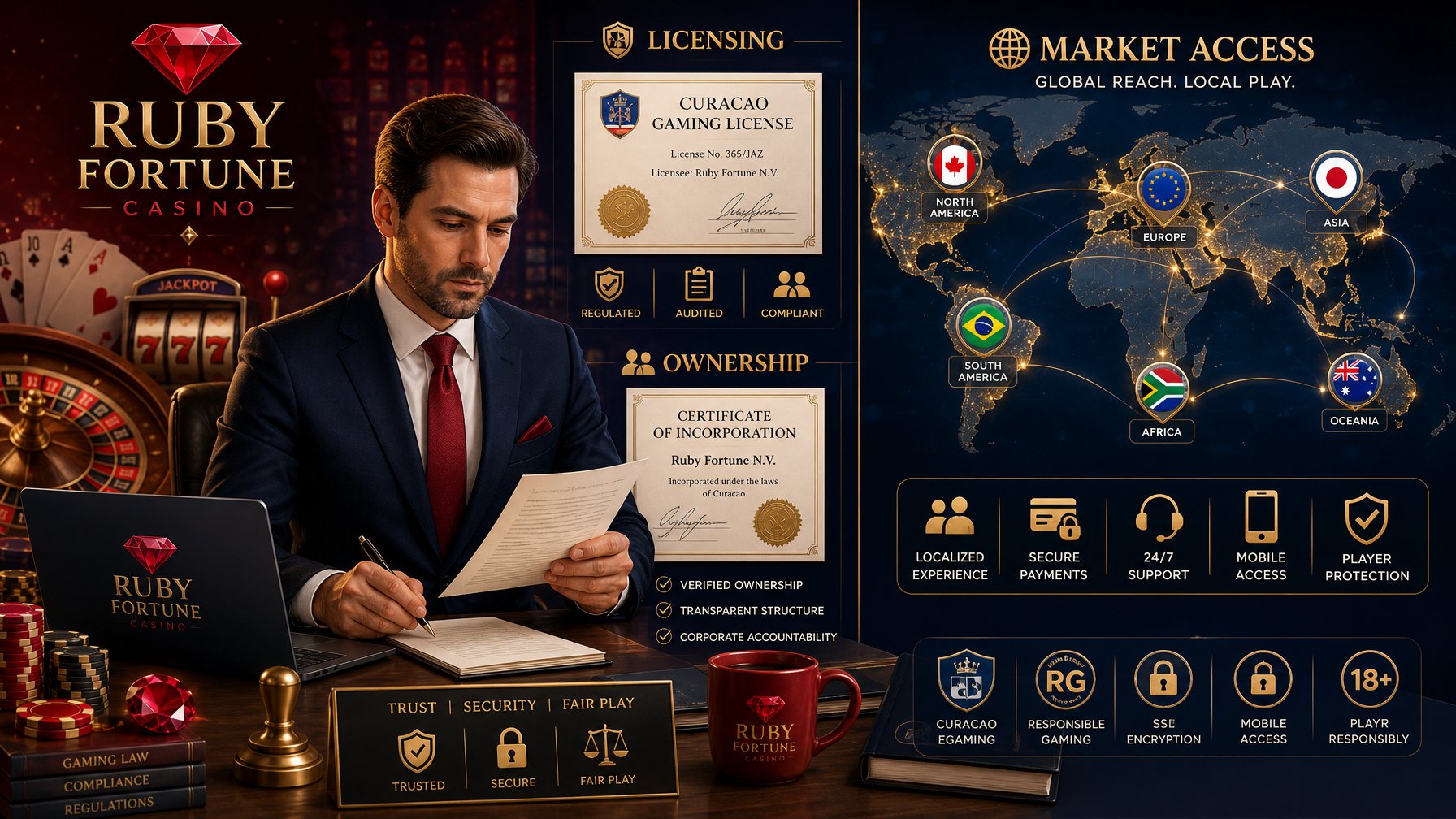 A Businessperson Reviewing Official Documents And Digital Certificates In An Office, Surrounded By Icons Representing Licensing, Ownership, And Global Market Access With Subtle CasinoThemed Elements In The Background.