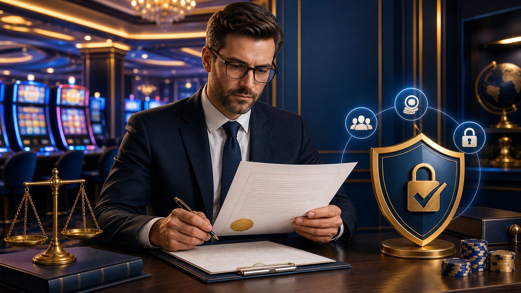 A Professional Reviewing Casino Licenses And Player Protection Symbols With Slot Machines In The Background.
