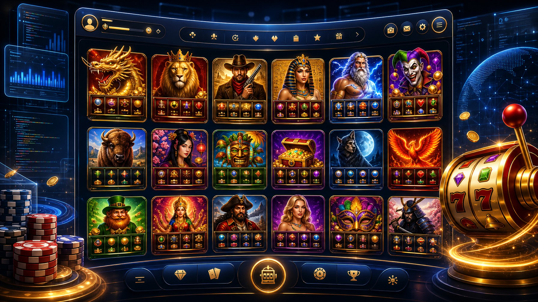 A Digital Casino Lobby Showing Multiple Colorful Slot Machines And Layered Software Interface Elements In The Background.