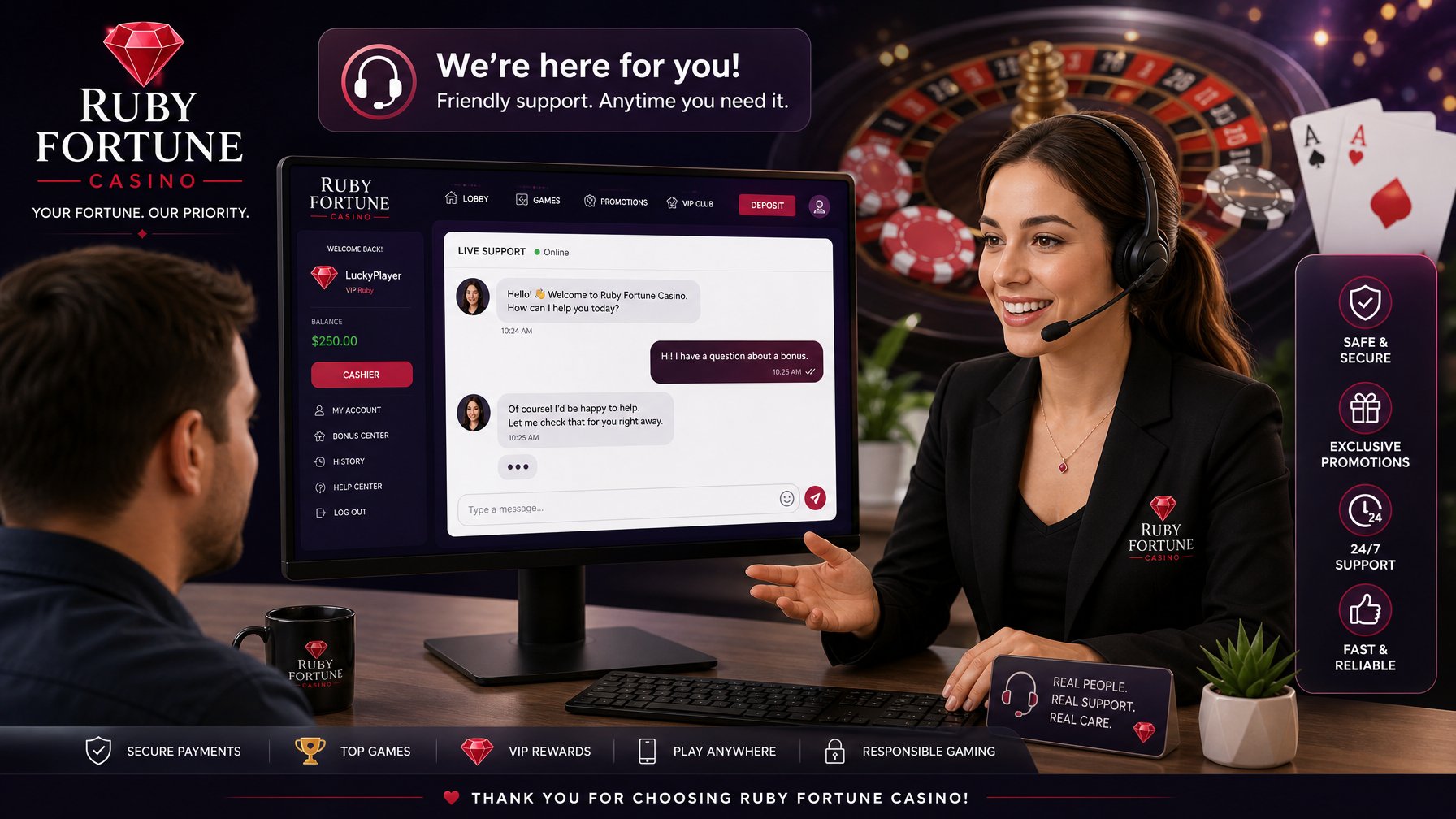 A Customer Support Agent Helping A User With An Online Casino Interface Featuring Cards, Chips, And A Roulette Wheel.