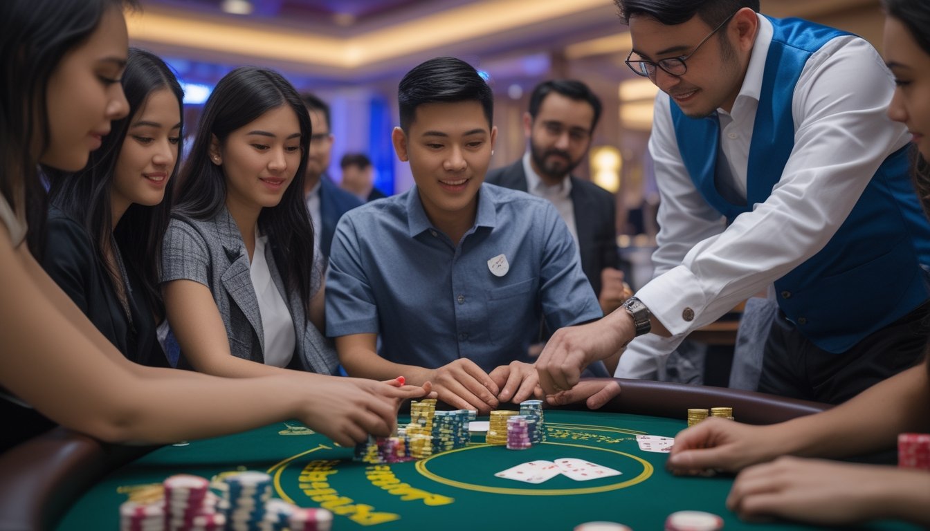 Orang-orang sedang belajar bermain Pai Gow Poker di meja kasino dengan kartu dan chip poker.