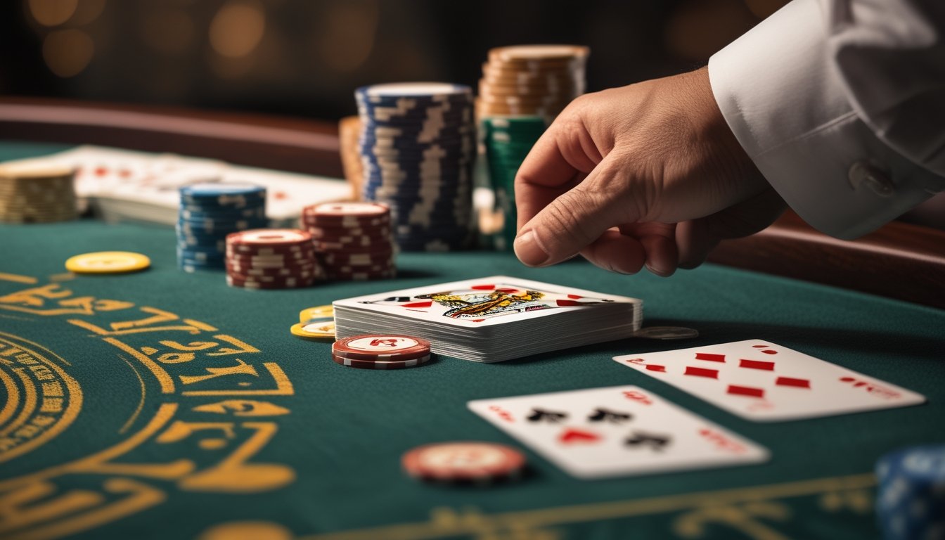 Meja kasino dengan kartu remi dan chip poker disusun rapi untuk permainan Pai Gow Poker.