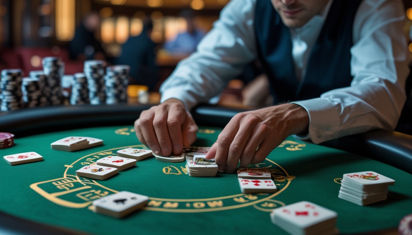Seorang pemain poker sedang menyusun kartu dan ubin Pai Gow di meja kasino dengan suasana serius dan fokus.
