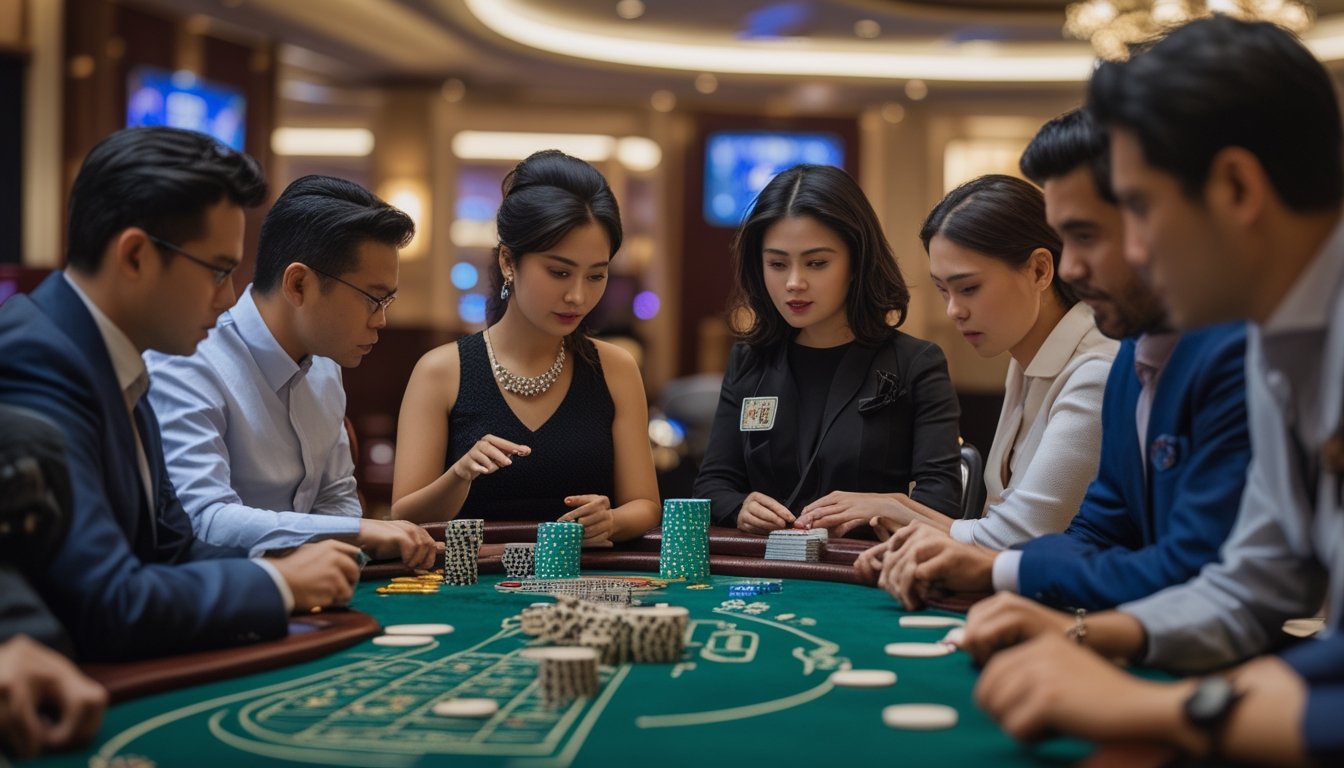 Beberapa pemain duduk di meja poker bermain Pai Gow Poker dengan kartu dan chip di depan mereka di sebuah kasino.