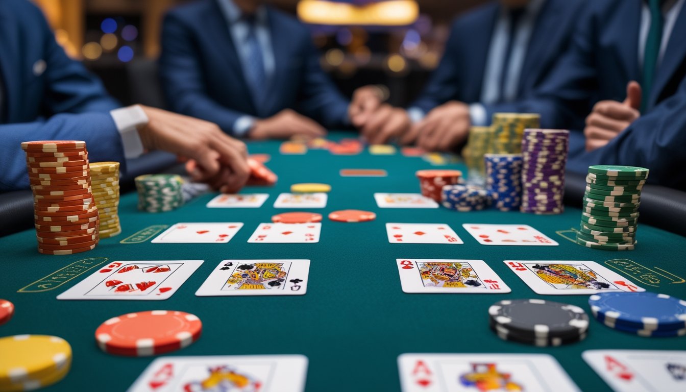 Meja poker dengan dua pengaturan kartu yang berbeda, satu untuk Pai Gow Poker dan satu untuk Poker tradisional, dengan tumpukan chip dan latar belakang kasino.