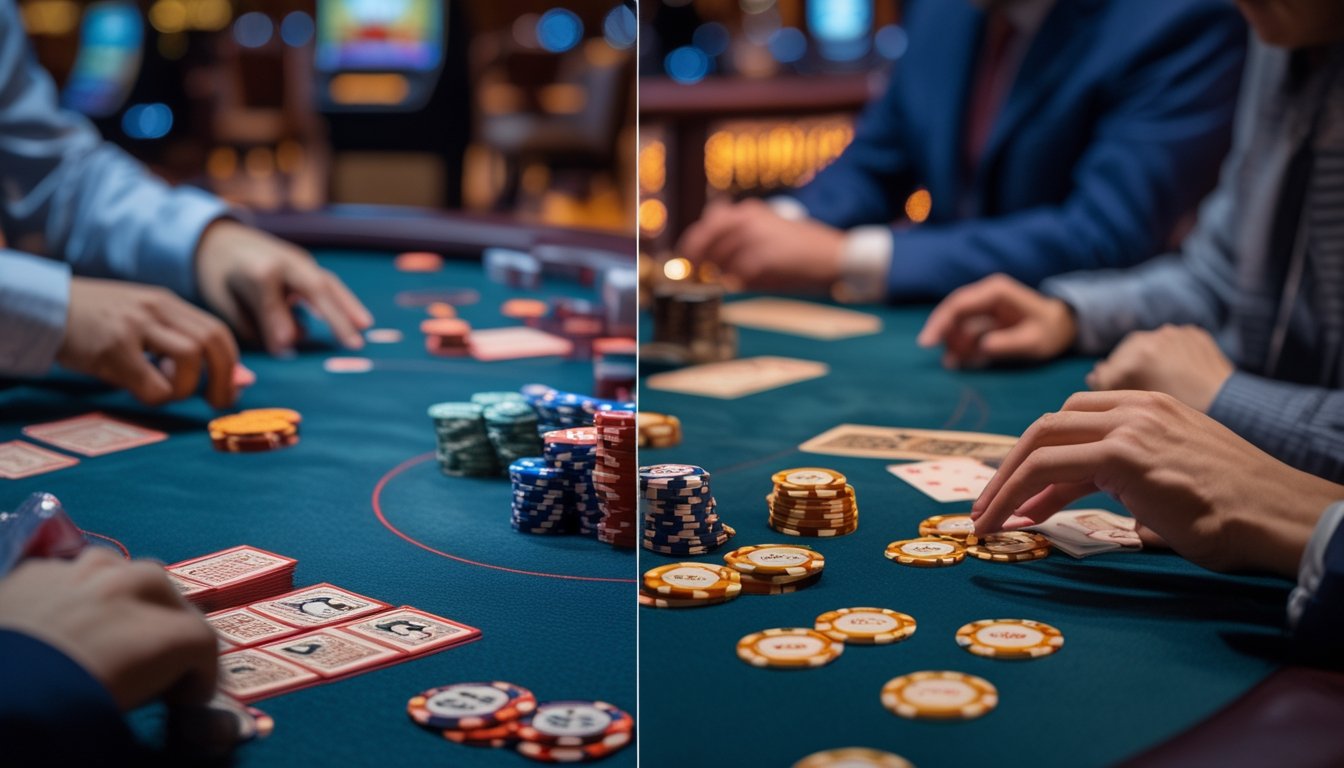 Meja kasino dengan dua permainan kartu berbeda, Pai Gow Poker dengan domino dan Poker tradisional dengan kartu remi, pemain sedang bermain.
