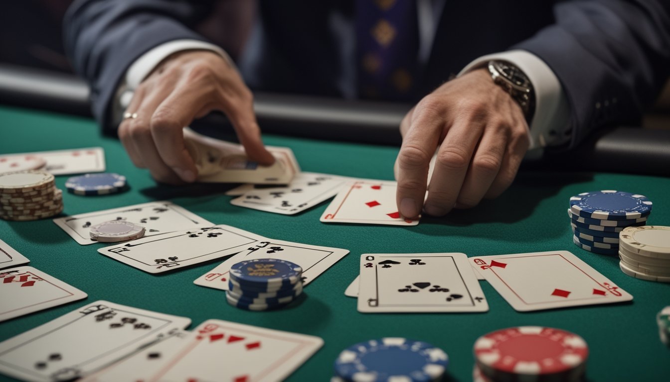 Seorang pria sedang menyusun kartu Pai Gow Poker di meja kasino dengan tumpukan chip di dekatnya.