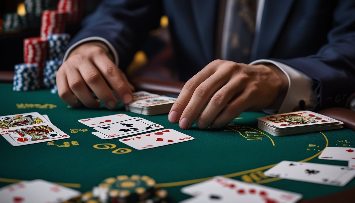 Tangan sedang menyusun kartu Pai Gow Poker di atas meja kasino dengan dealer mengamati di latar belakang.