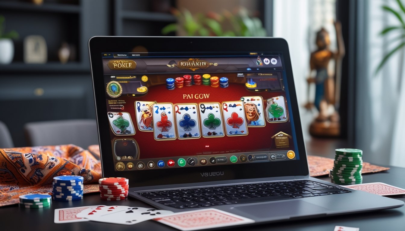 Seorang pemain sedang bermain Pai Gow Poker online dengan laptop, kartu, dan chip poker di atas meja di ruangan yang nyaman dengan hiasan tradisional Indonesia.