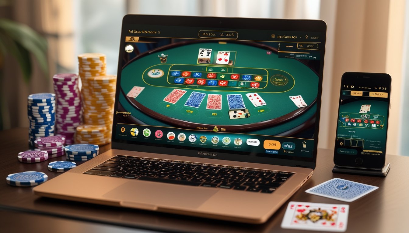 Seorang pemain menggunakan laptop dan smartphone untuk bermain Pai Gow Poker online dengan kartu dan chip poker di meja.