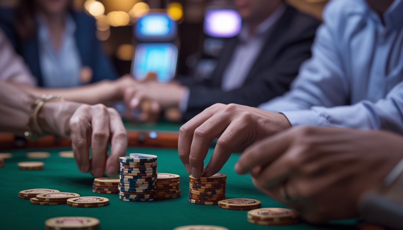 Orang-orang bermain Pai Gow Poker di meja kasino dengan tangan mengatur ubin poker dan tumpukan chip di atas meja hijau.