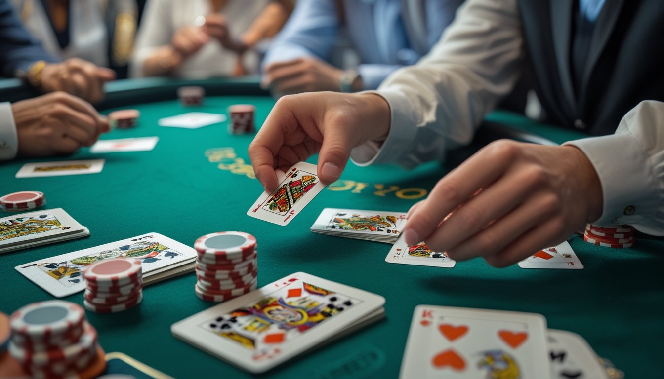 Meja kasino dengan kartu dan chip Pai Gow Poker, dealer sedang membagikan kartu, dan beberapa pemain memperhatikan permainan.