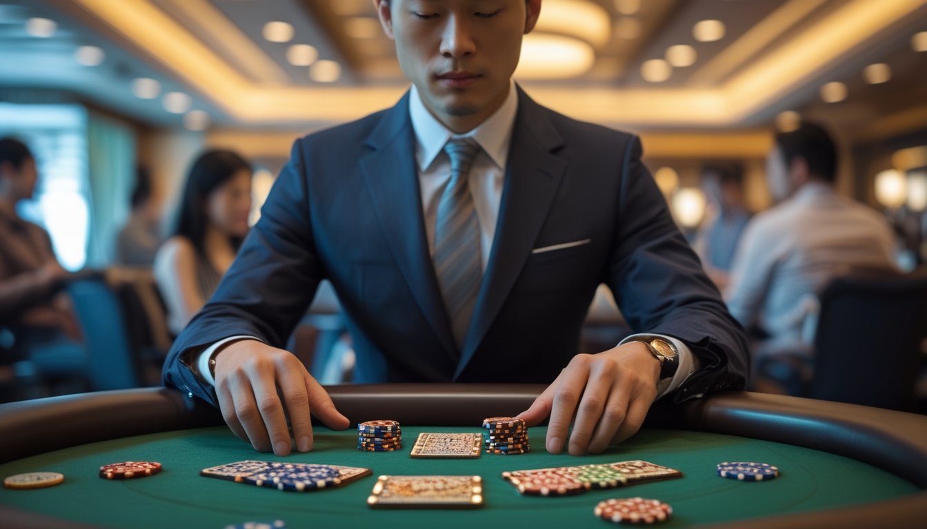 Seorang pria mengenakan jas duduk di meja Pai Gow Poker dengan ubin dan chip, di dalam kasino yang mewah.