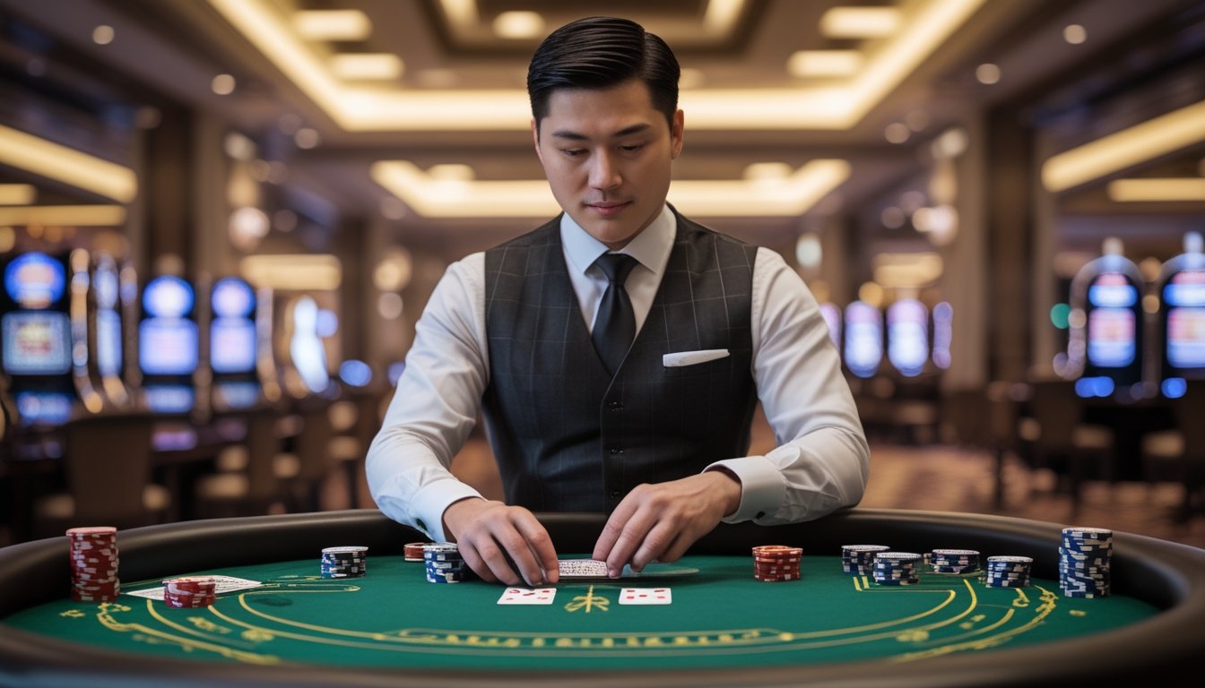 Seorang banker berdiri di meja Pai Gow Poker di kasino, sedang mengatur kartu dan chip permainan dengan fokus.