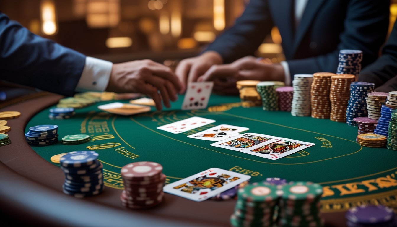 Meja permainan Pai Gow Poker dengan kartu dan tumpukan chip, tangan dealer membagikan kartu di kasino.