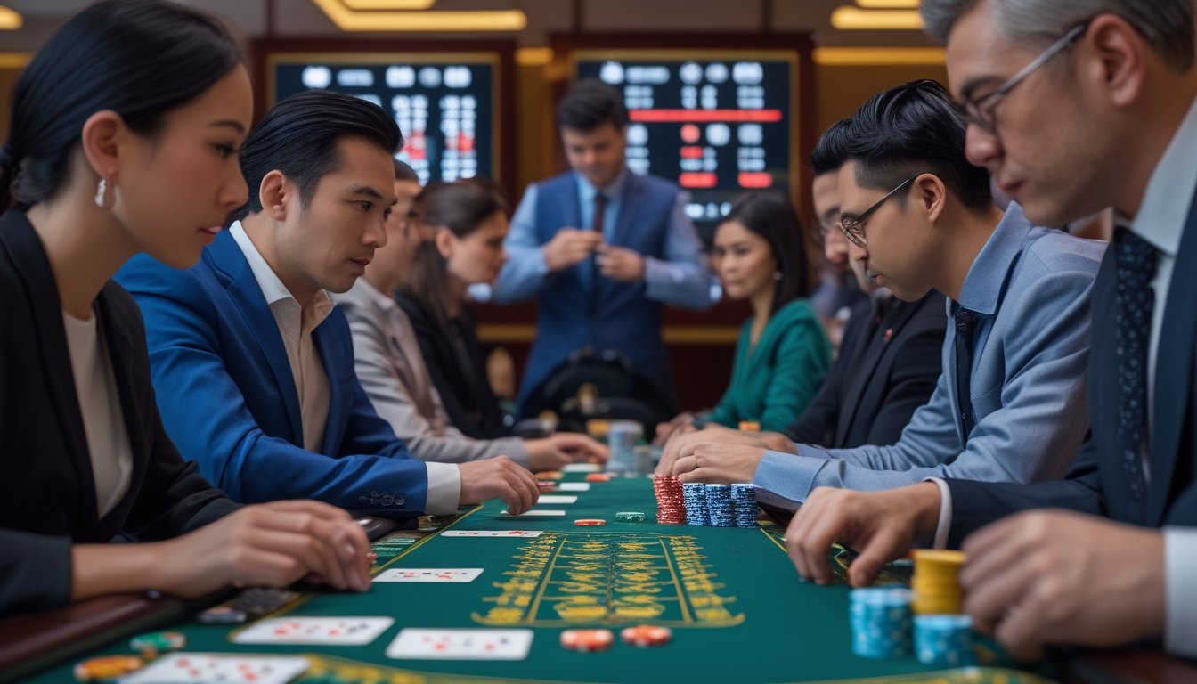 Beberapa orang sedang bermain Pai Gow Poker di meja kasino dengan kartu dan chip poker, menunjukkan suasana fokus dan strategis.