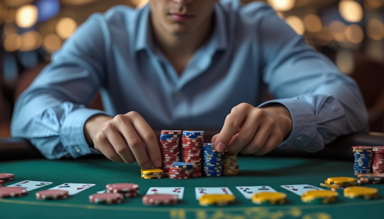 Seorang pemain muda sedang mengatur chip poker di meja Pai Gow Poker di kasino.
