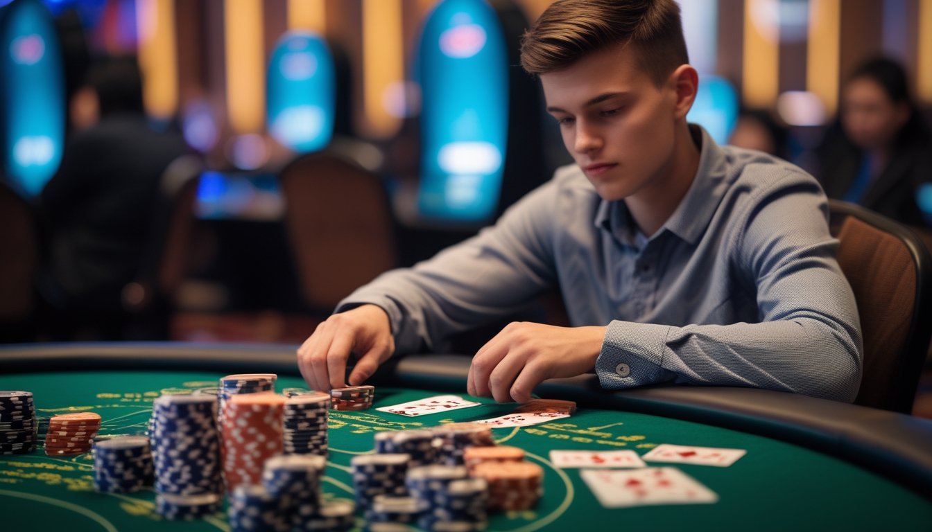 Seorang pemain muda yang fokus sedang mengelola chip dan kartu di meja Pai Gow Poker.