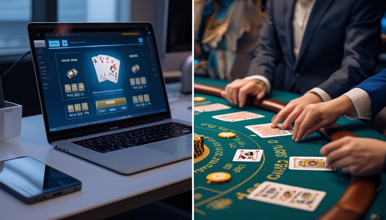 Sebuah meja kasino dengan dealer dan pemain bermain Pai Gow poker di satu sisi, dan layar komputer yang menampilkan permainan Pai Gow poker online di sisi lain.