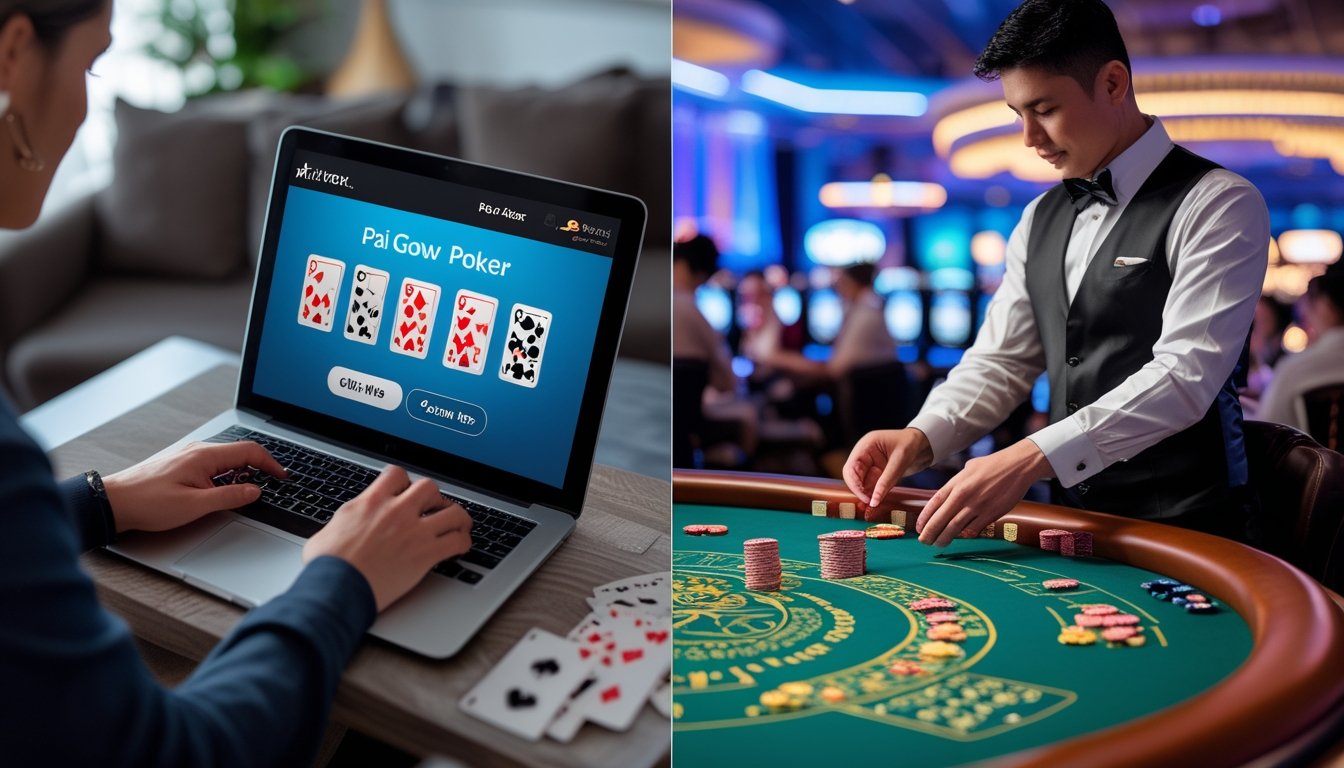 Gambaran perbandingan antara bermain Pai Gow Poker secara online di rumah dengan bermain di kasino darat yang ramai.