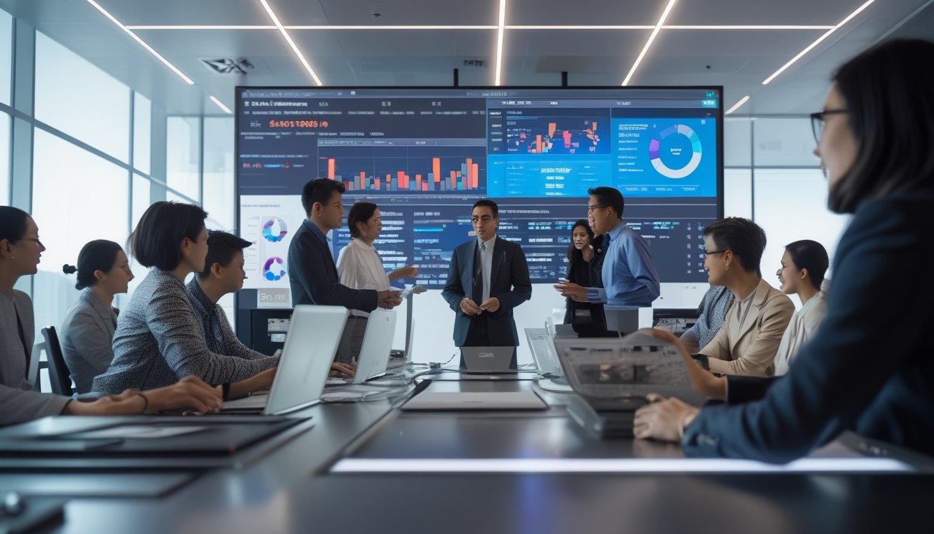 Sekelompok profesional bekerja bersama di kantor modern dengan layar digital menampilkan data dan grafik terbaru.
