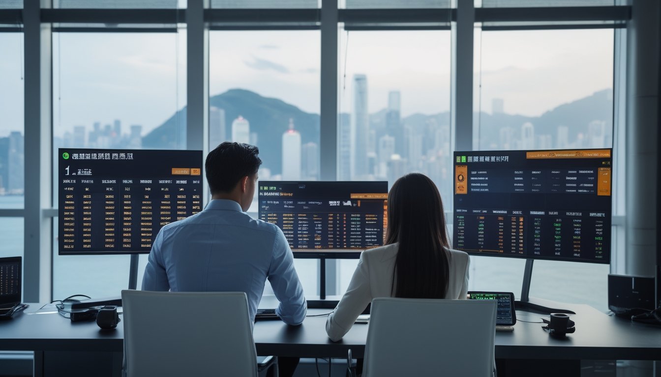 Seorang pria dan wanita sedang duduk di meja dengan beberapa perangkat digital yang menampilkan data taruhan Hong Kong, di ruangan dengan pemandangan kota Hong Kong di latar belakang.