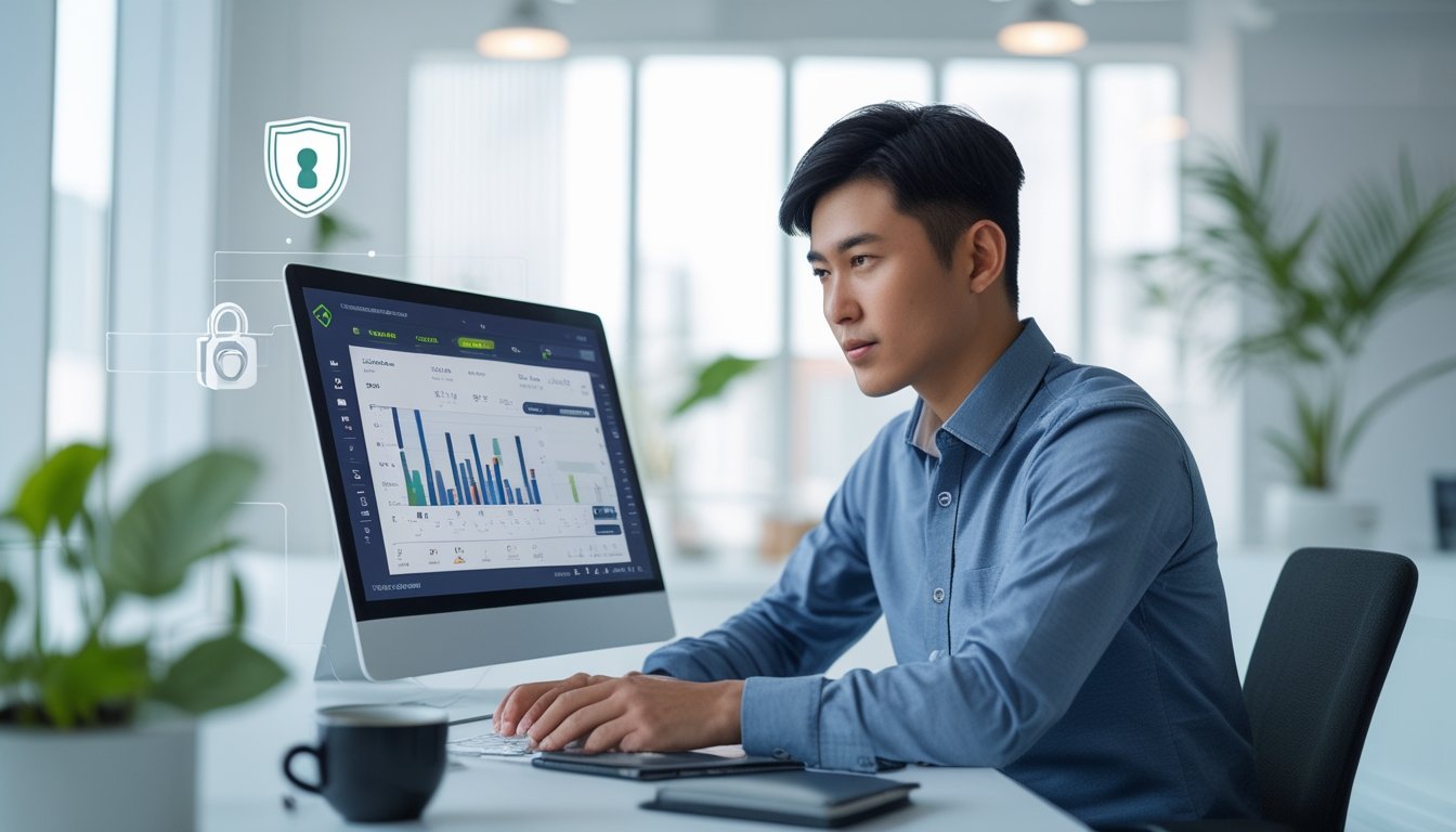 Seorang pria muda duduk di meja dengan laptop di kantor modern, fokus pada layar yang menampilkan grafik dan data terkait taruhan online.