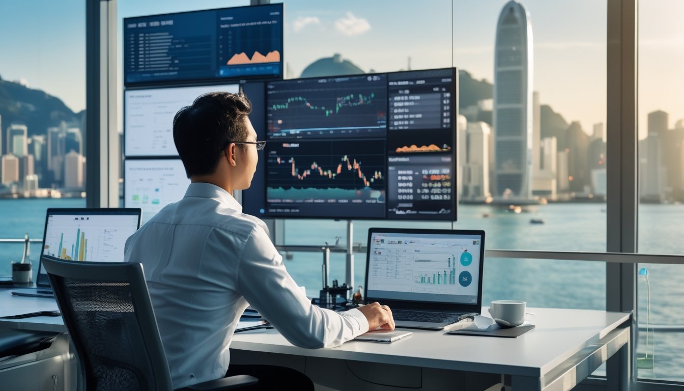 Seorang profesional bisnis duduk di meja kerja dengan layar komputer menampilkan grafik pasar saham, latar belakangnya pemandangan kota Hong Kong yang jelas.