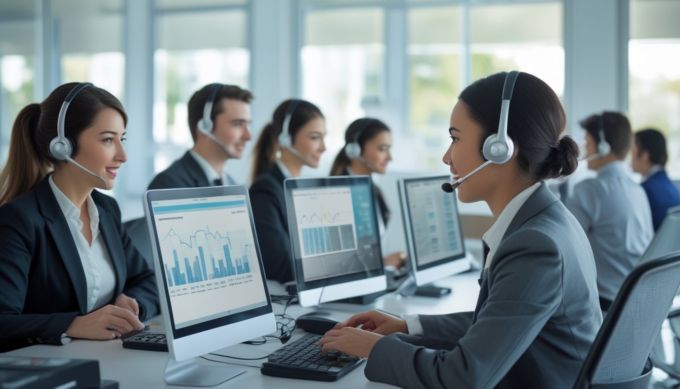 Tim layanan pelanggan yang sedang bekerja di kantor modern dengan headset dan komputer, menunjukkan suasana layanan yang responsif dan profesional.