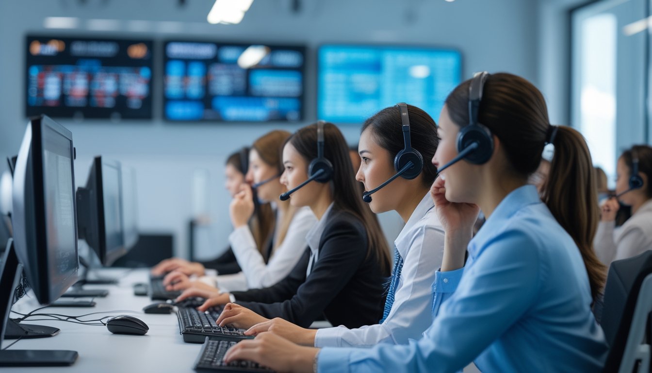 Tim layanan pelanggan yang sibuk bekerja di kantor modern dengan headset dan komputer, menunjukkan suasana kerja yang responsif dan profesional.