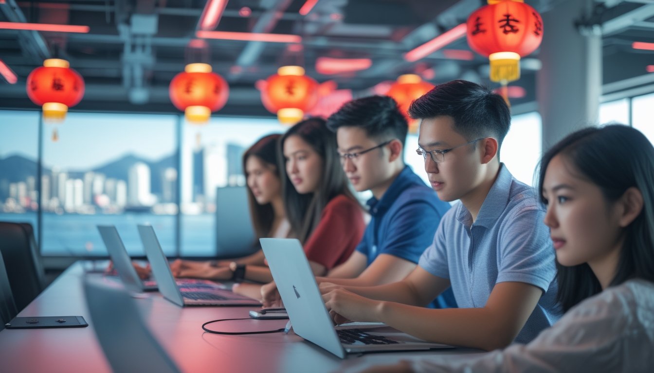 Sekelompok orang muda menggunakan laptop dan ponsel di kantor modern dengan latar belakang pemandangan kota Hong Kong.