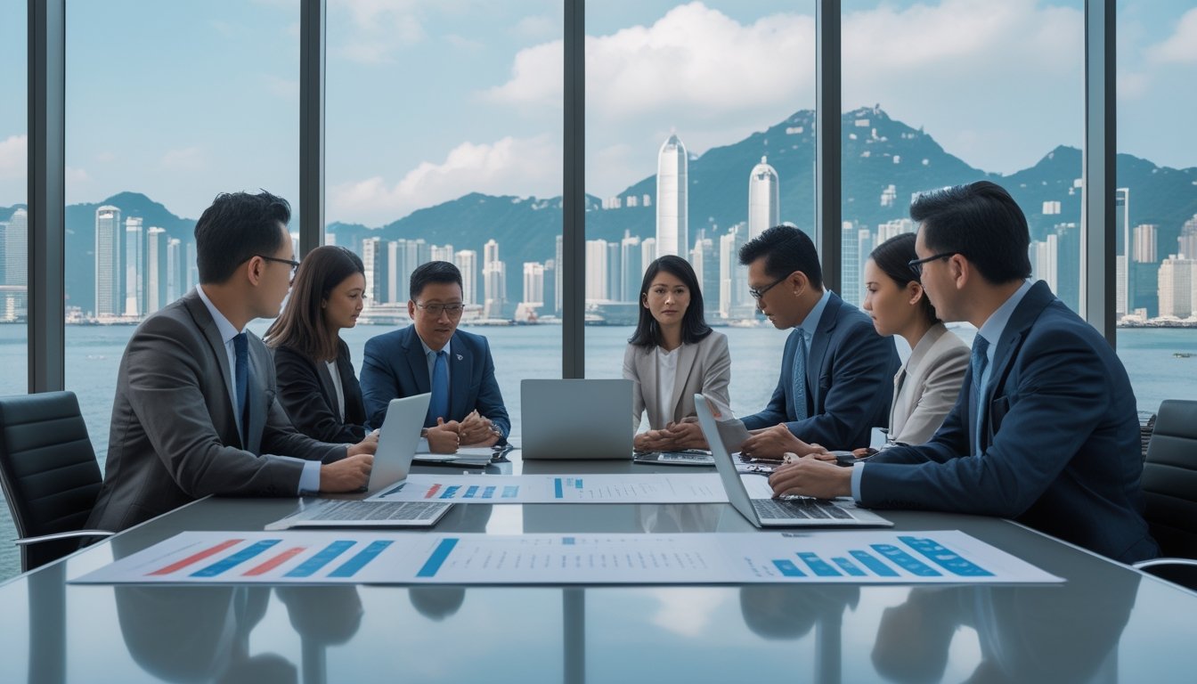 Sekelompok profesional sedang berdiskusi serius di ruang rapat dengan pemandangan kota Hong Kong di latar belakang.