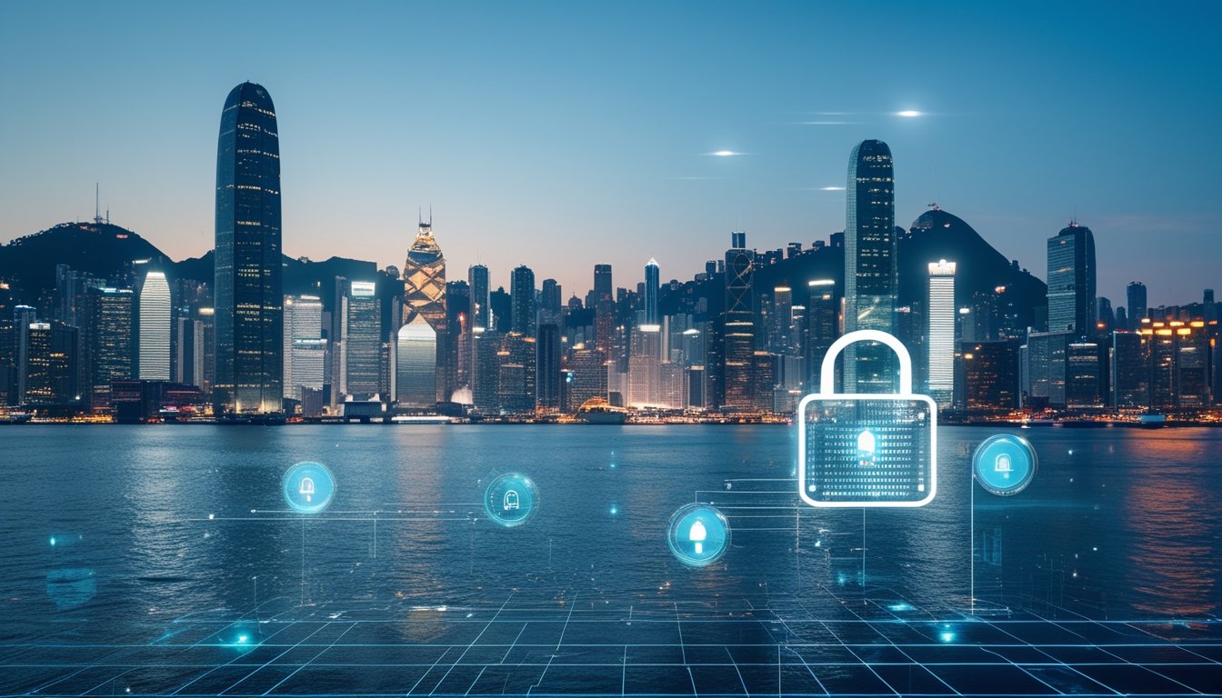 Pemandangan kota Hong Kong dengan gedung pencakar langit dan pelabuhan di waktu senja, menampilkan elemen digital yang melambangkan sistem keamanan data.