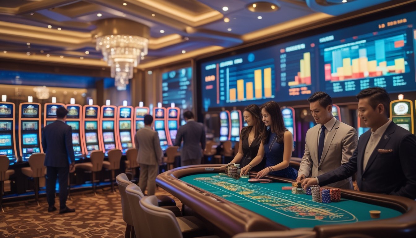 Interior kasino mewah dengan mesin slot, meja permainan, dan orang-orang yang menikmati permainan di Hong Kong.