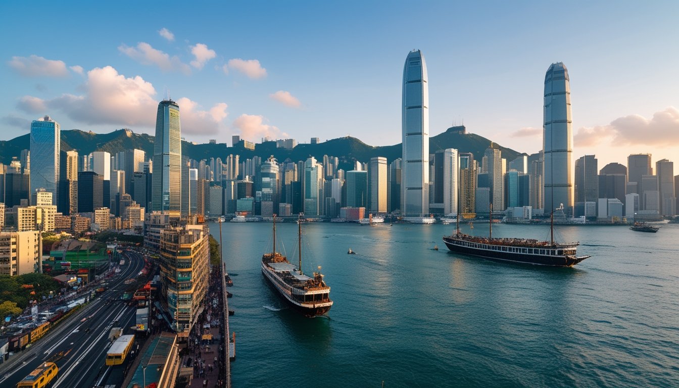 Pemandangan kota Hong Kong dengan gedung pencakar langit, pelabuhan, dan jalanan yang sibuk.