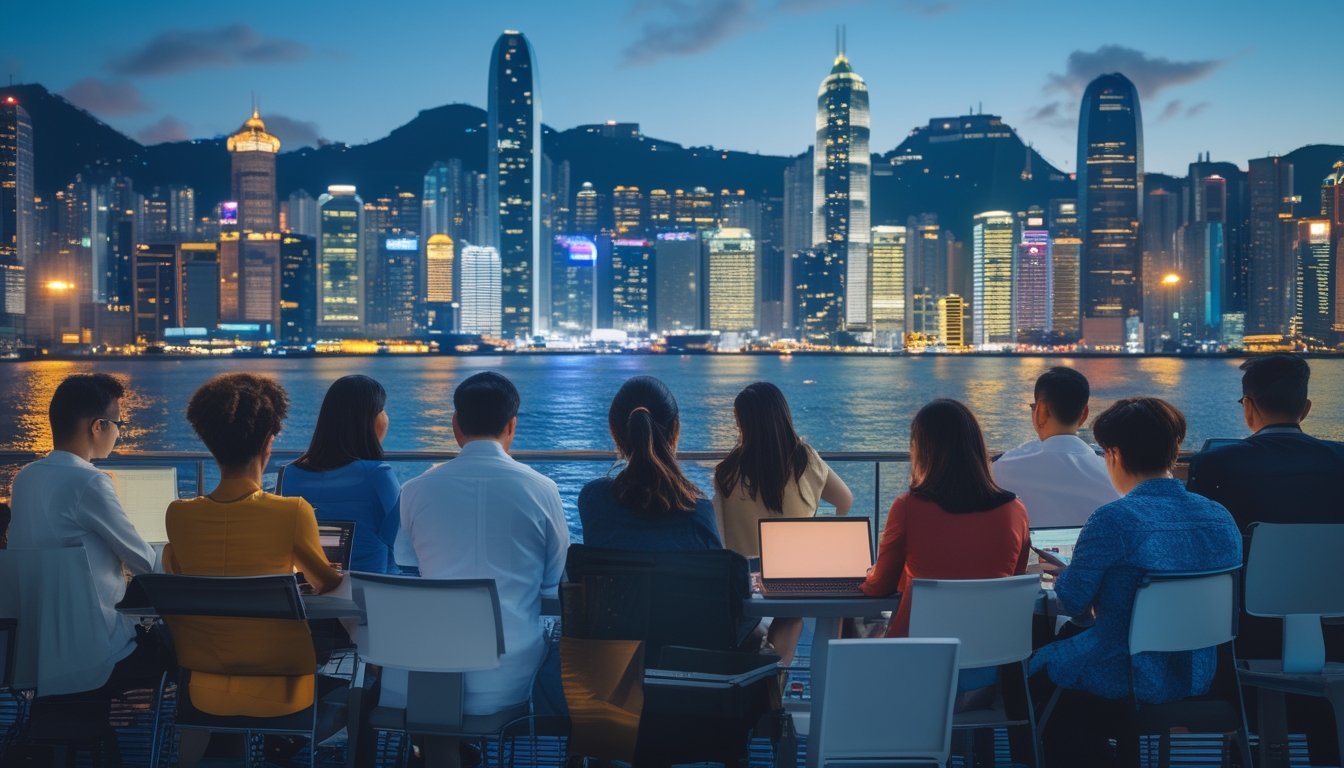 Pemandangan kota Hong Kong yang sibuk dengan gedung pencakar langit dan orang-orang menggunakan perangkat digital di latar depan.