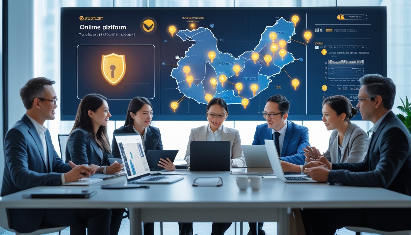 Sekelompok profesional bisnis sedang berdiskusi di ruang kantor modern dengan perangkat digital dan peta Hong Kong di layar besar.